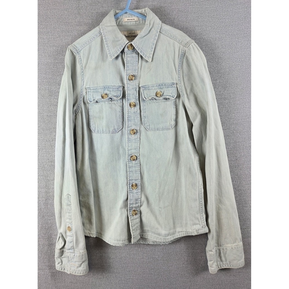 Abercrombie Kids Boys M Muscle Shirt Sun Wash Light Denim Button Up Retro Y2K